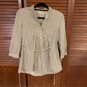 Grey Blue and White Striped 3/4 Sleeve Mock Neck Henley Tunic with Tie Back